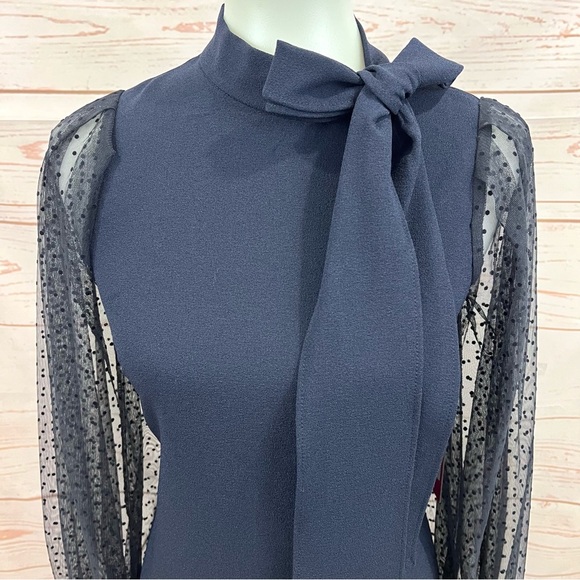 NWT Vince Camuto Bow Neck Sheer Puffy Polka Dot Long Sleeve Shift Dress - Picture 3 of 15